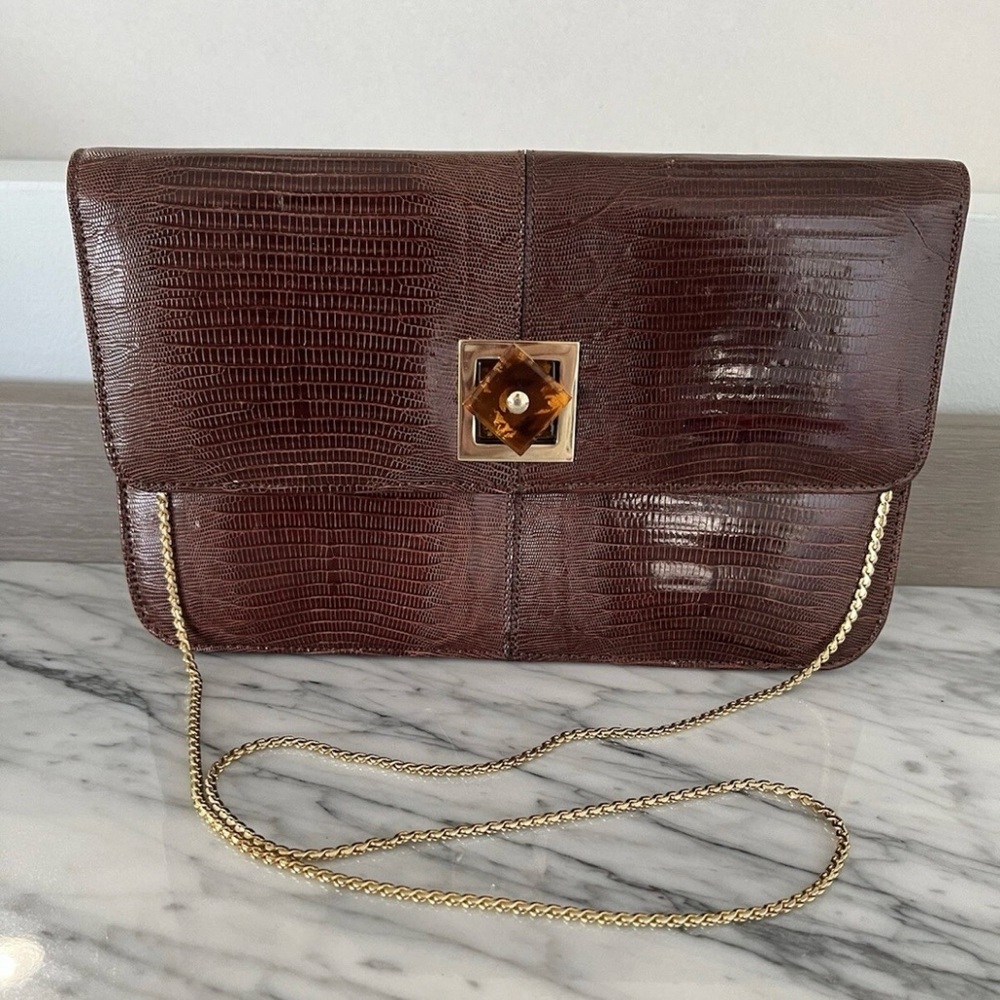 Cuero Vaca Brown Leather Lizard Reptile Clutch Purse Tortoise Gold Vintage 80s